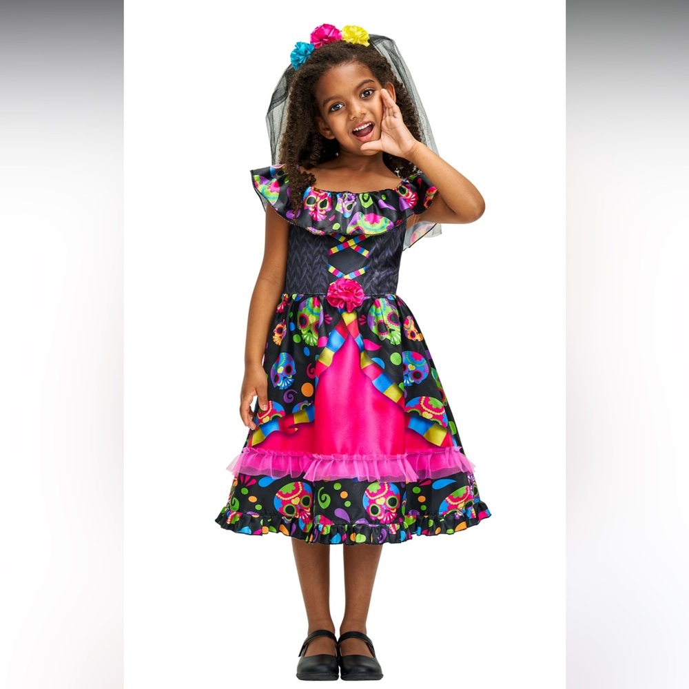 Nwt Girls Sugar Skull Dress Headband Set Day of the Dead Costume